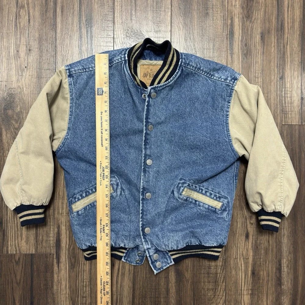 Gap Blue Jeans Boys Varsity Denim Jacket Colorblock Lined Button Size Large VTG